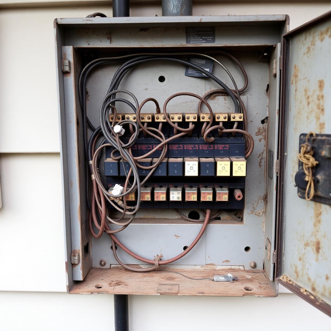 Old dusty switchboard with tangled wiring